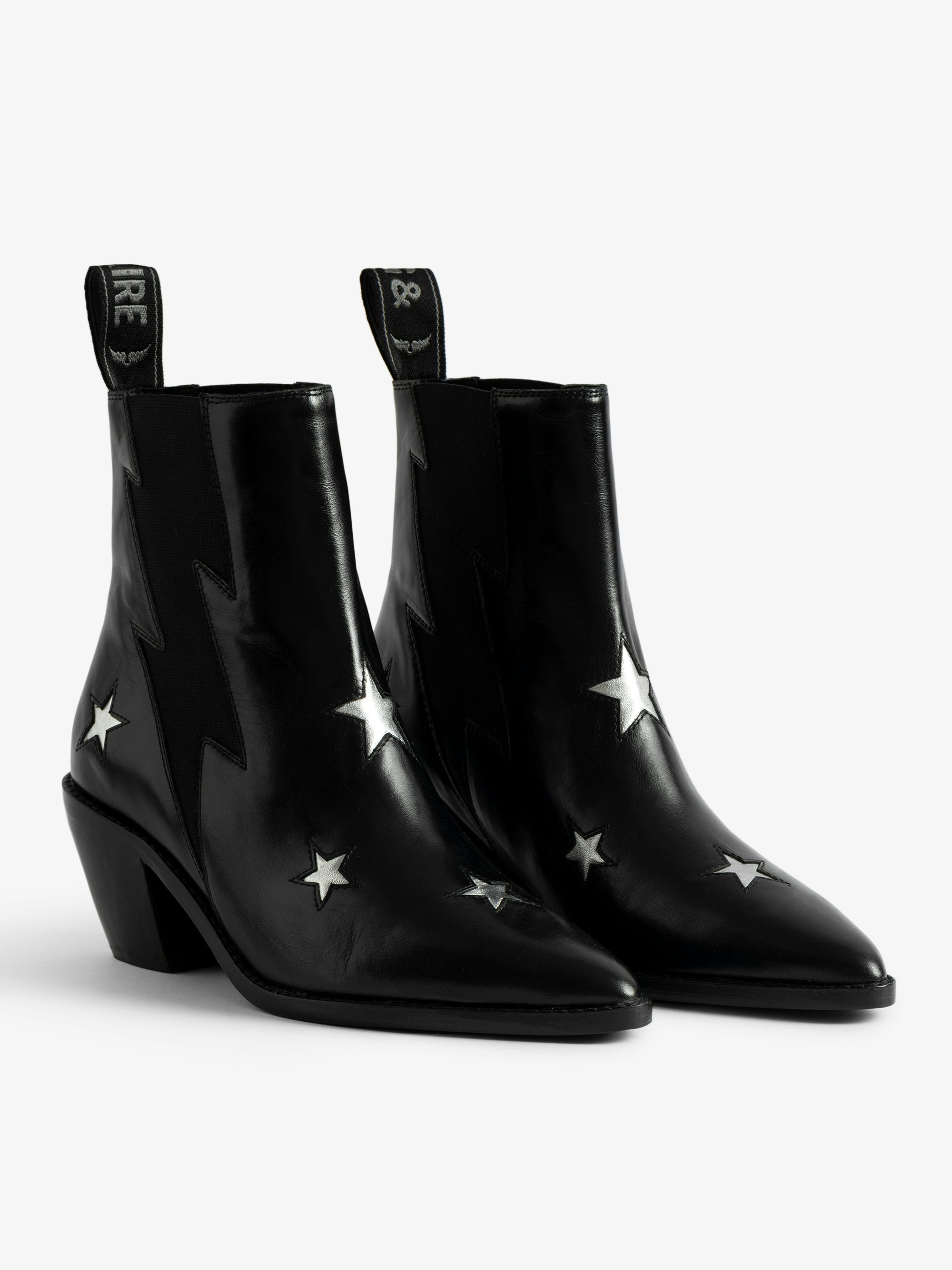 Tyler Stars Vintage Patent Ankle Boots - Ankle boots in vintage-effect leather adorned with stars and a lightning-shaped elastic.